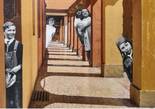 collage che riproduce i porti da cui sia affacciano bimbi 