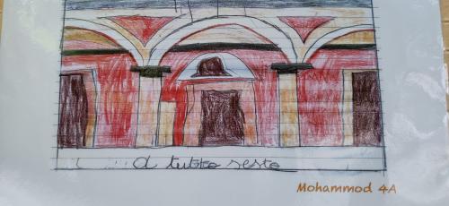 disegno di un portico a cura di un bambino della classe quarta delles cuole de amicis